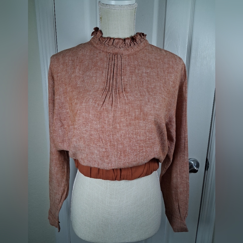 Selva/Negra Women's Long Sleeve Linen Blend Crop Top Size 4 Elastic Waist Rust